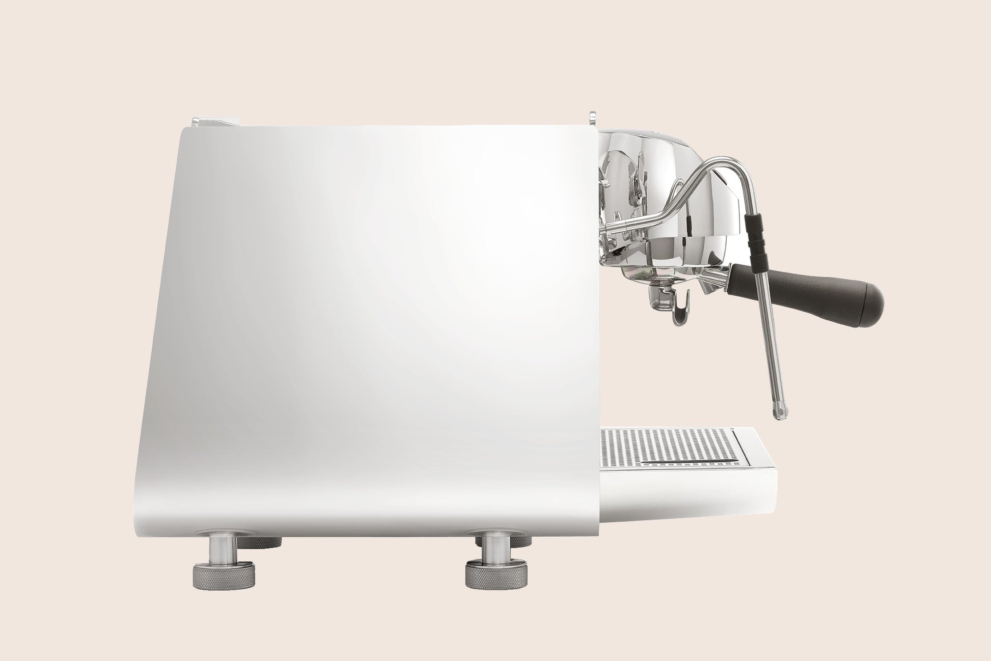Side View of Stainless Steel Espresso Machine.